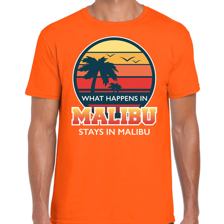 Malibu zomer t-shirt / shirt What happens in Malibu stays in Malibu oranje voor heren