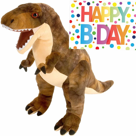 Pluche knuffel Dino T-rex van 25 cm met A5-size Happy Birthday wenskaart