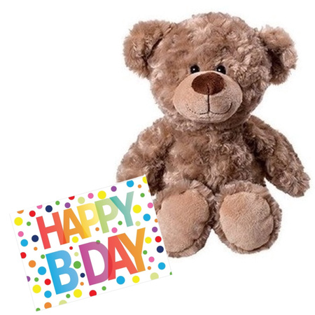 Pluche knuffel knuffelbeer 35 cm met A5-size Happy Birthday wenskaart