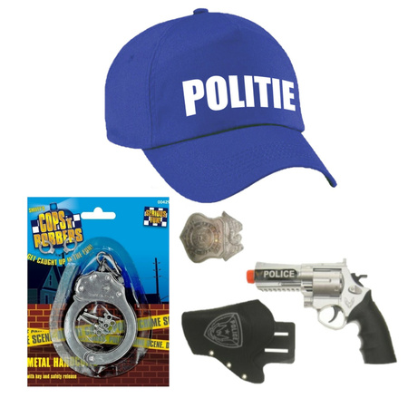 Police cap blue for kids with gun/holster/badge/handcuffs