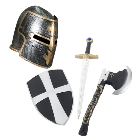 Ridder helm zwart met goud met set ridder speelgoed wapens