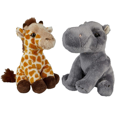 Safari dieren serie pluche knuffels 2x stuks - Nijlpaard en Giraffe van 15 cm