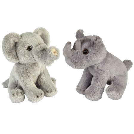Safari animals serie soft toys 2x - Elephant and Hippo 15 cm