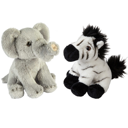 Safari animals serie soft toys 2x - Elephant and Zebra 15 cm
