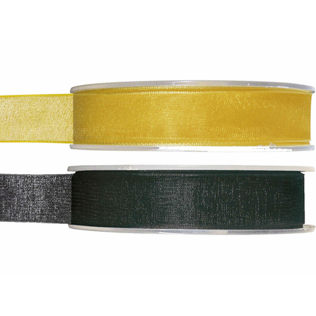Satin deco ribbons set 2x rolls - black/yellow - 1,5 cm x 20 meters - hobby/decoration