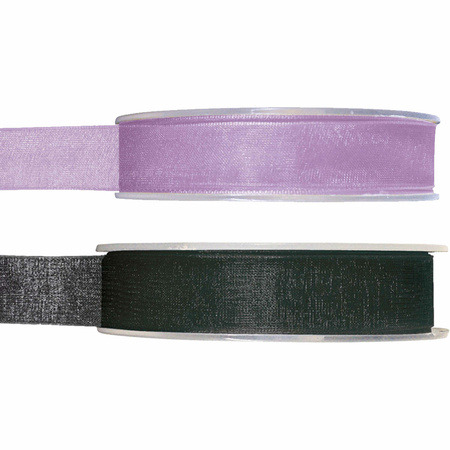 Satin deco ribbons set 2x rolls - black/lilac - 1,5 cm x 20 meters - hobby/decoration