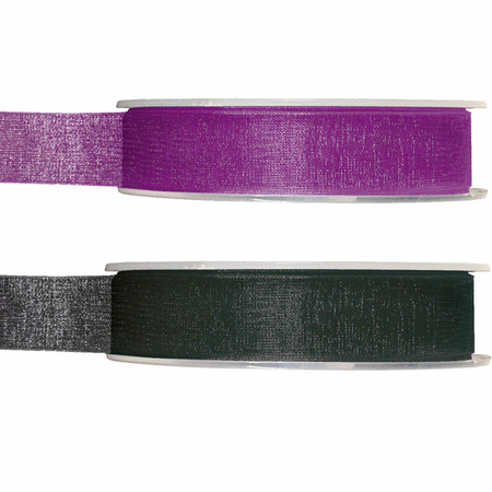 Satin deco ribbons set 2x rolls - black/purple - 1,5 cm x 20 meters - hobby/decoration
