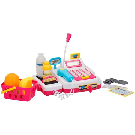 Toy cash register with accessories and cart for kids