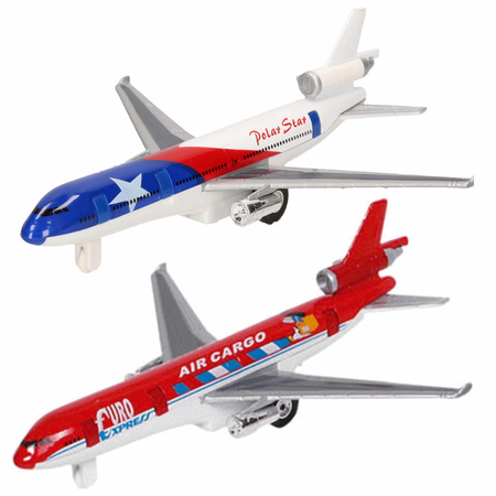 Speelgoed vliegtuigen setje van 2 stuks blauw en rood 19 cm