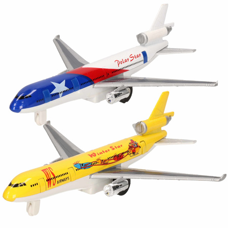 Speelgoed vliegtuigen setje van 2 stuks geel en blauw 19 cm