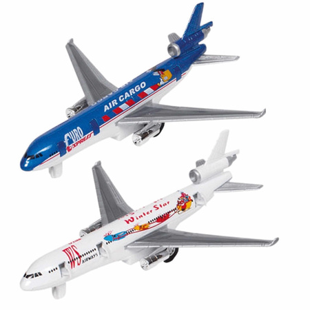 Speelgoed vliegtuigen setje van 2 stuks wit en blauw 19 cm