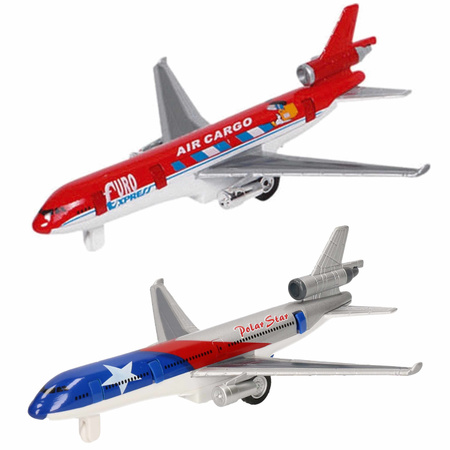 Speelgoed vliegtuigen setje van 2 stuks zilver en rood 19 cm