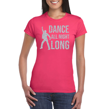 Zilveren muziek t-shirt / shirt Dance all night long roze dames